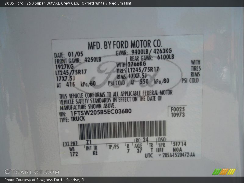2005 F250 Super Duty XL Crew Cab Oxford White Color Code Z1