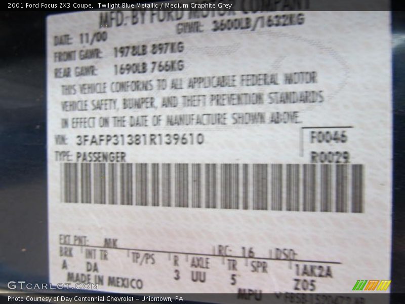 Twilight Blue Metallic / Medium Graphite Grey 2001 Ford Focus ZX3 Coupe