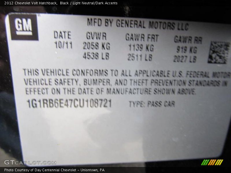 Black / Light Neutral/Dark Accents 2012 Chevrolet Volt Hatchback
