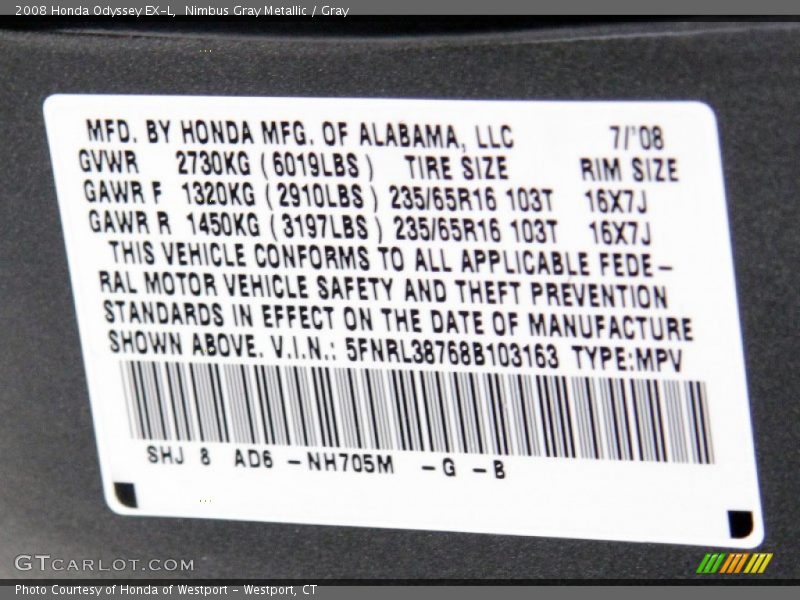Nimbus Gray Metallic / Gray 2008 Honda Odyssey EX-L