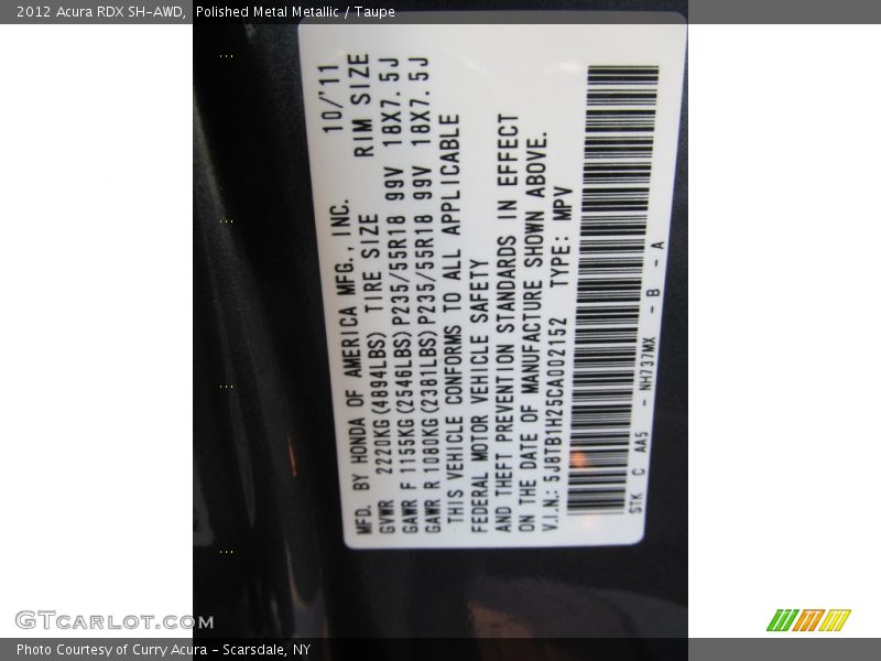 2012 RDX SH-AWD Polished Metal Metallic Color Code NH737MX