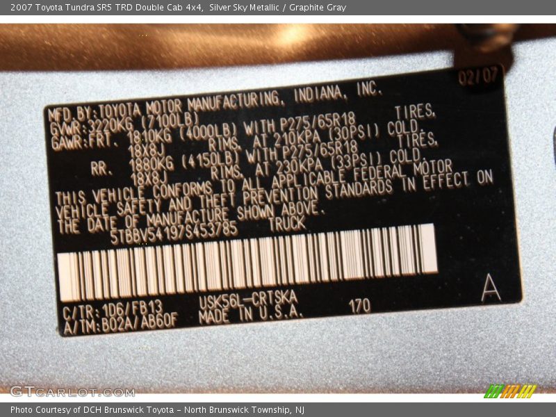 2007 Tundra SR5 TRD Double Cab 4x4 Silver Sky Metallic Color Code 1D6