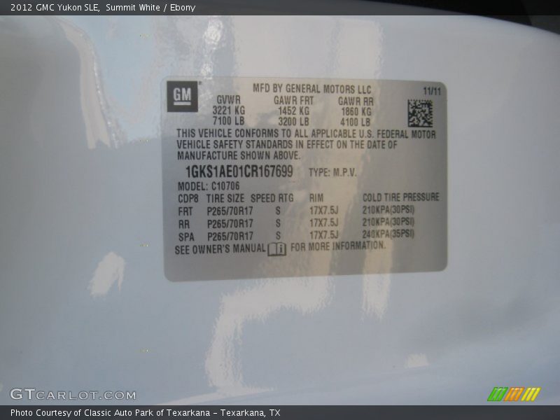 Summit White / Ebony 2012 GMC Yukon SLE