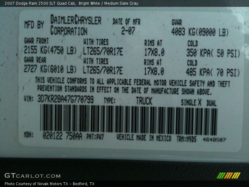 2007 Ram 2500 SLT Quad Cab Bright White Color Code PW7