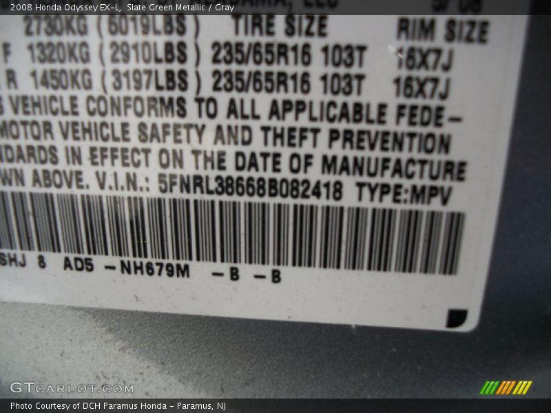 Slate Green Metallic / Gray 2008 Honda Odyssey EX-L