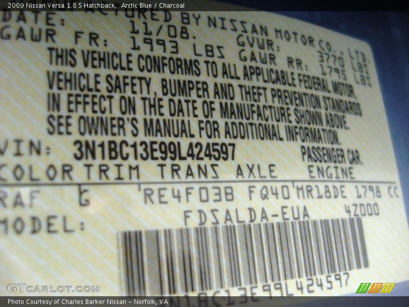 Arctic Blue / Charcoal 2009 Nissan Versa 1.8 S Hatchback