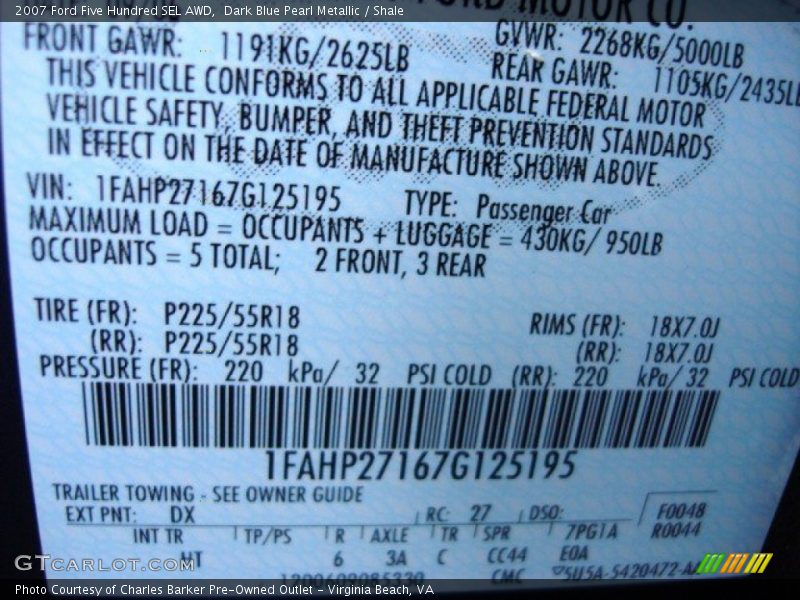 2007 Five Hundred SEL AWD Dark Blue Pearl Metallic Color Code DX