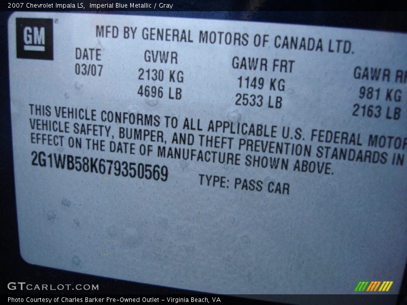Imperial Blue Metallic / Gray 2007 Chevrolet Impala LS