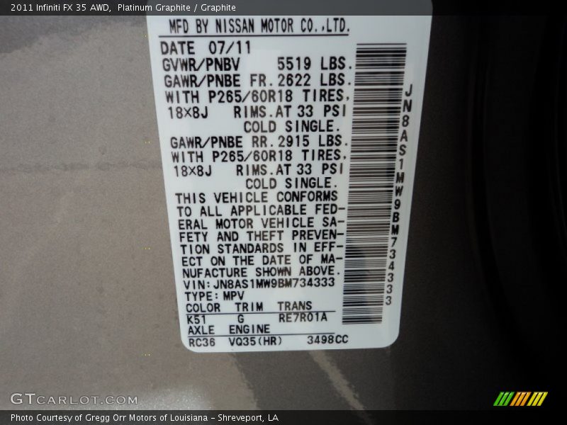 2011 FX 35 AWD Platinum Graphite Color Code K51