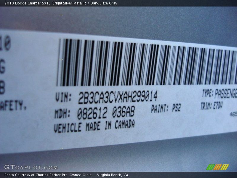 Bright Silver Metallic / Dark Slate Gray 2010 Dodge Charger SXT