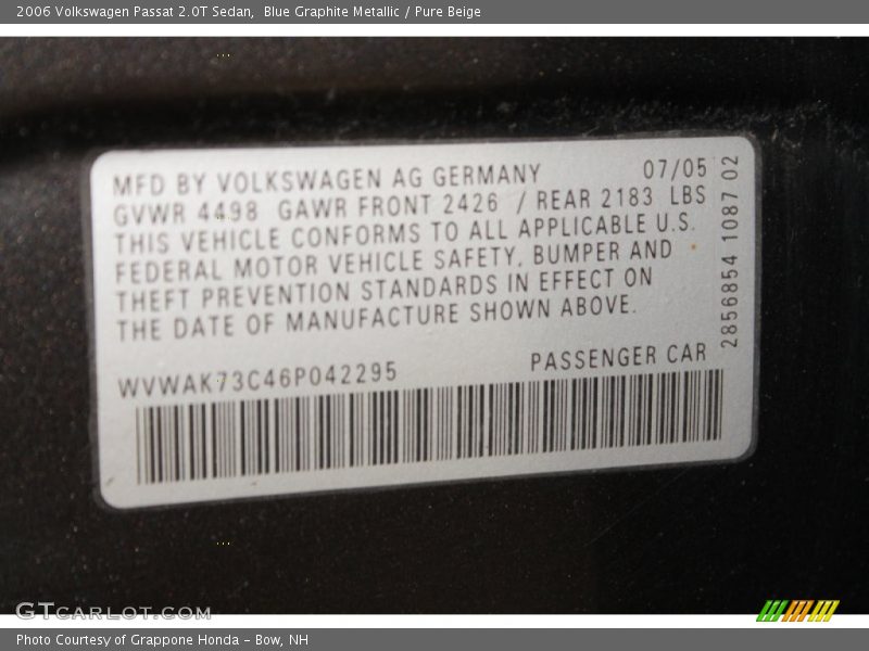 Blue Graphite Metallic / Pure Beige 2006 Volkswagen Passat 2.0T Sedan