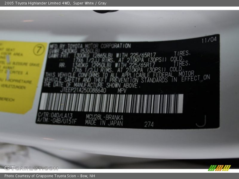 Super White / Gray 2005 Toyota Highlander Limited 4WD