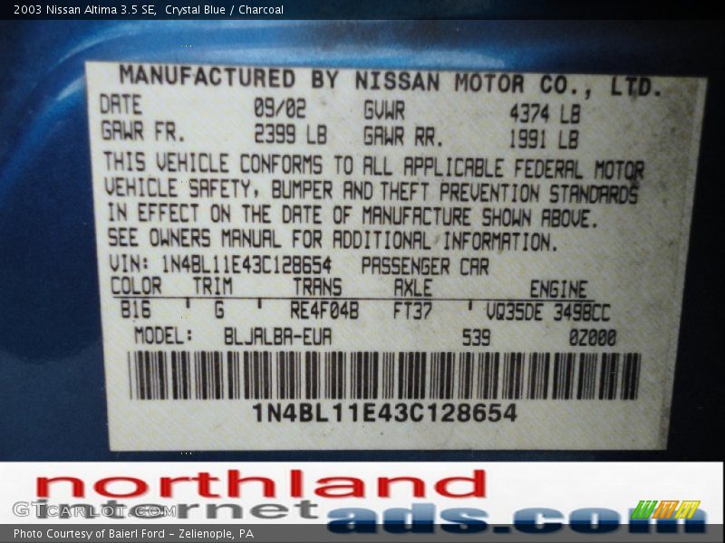 Crystal Blue / Charcoal 2003 Nissan Altima 3.5 SE