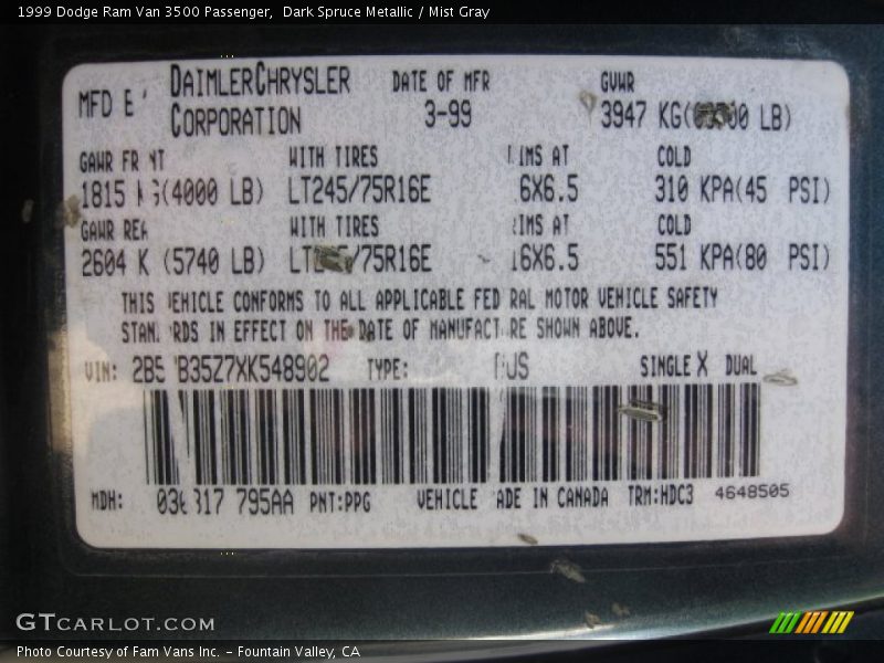 1999 Ram Van 3500 Passenger Dark Spruce Metallic Color Code PPG