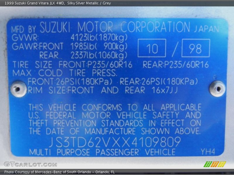Info Tag of 1999 Grand Vitara JLX 4WD