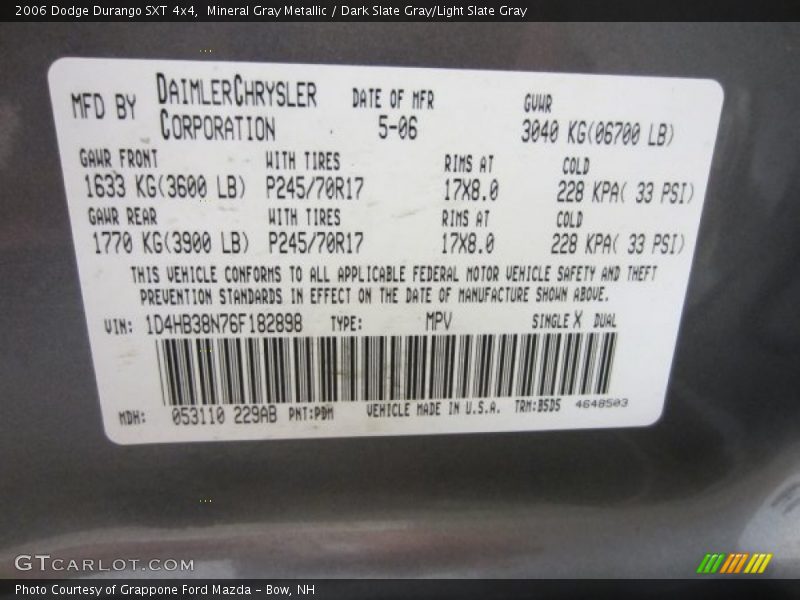 Mineral Gray Metallic / Dark Slate Gray/Light Slate Gray 2006 Dodge Durango SXT 4x4