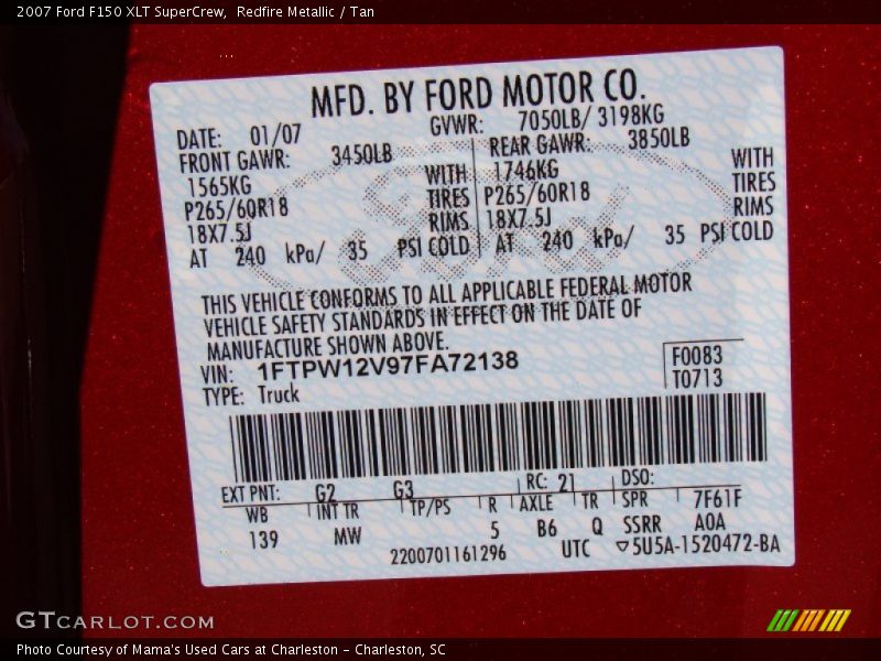 2007 F150 XLT SuperCrew Redfire Metallic Color Code G2