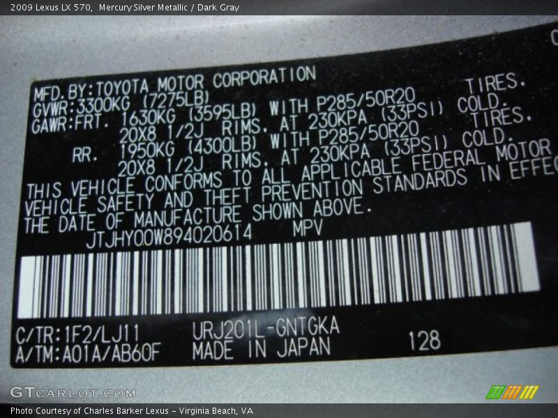 Mercury Silver Metallic / Dark Gray 2009 Lexus LX 570