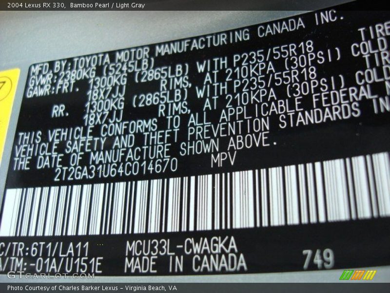 Bamboo Pearl / Light Gray 2004 Lexus RX 330