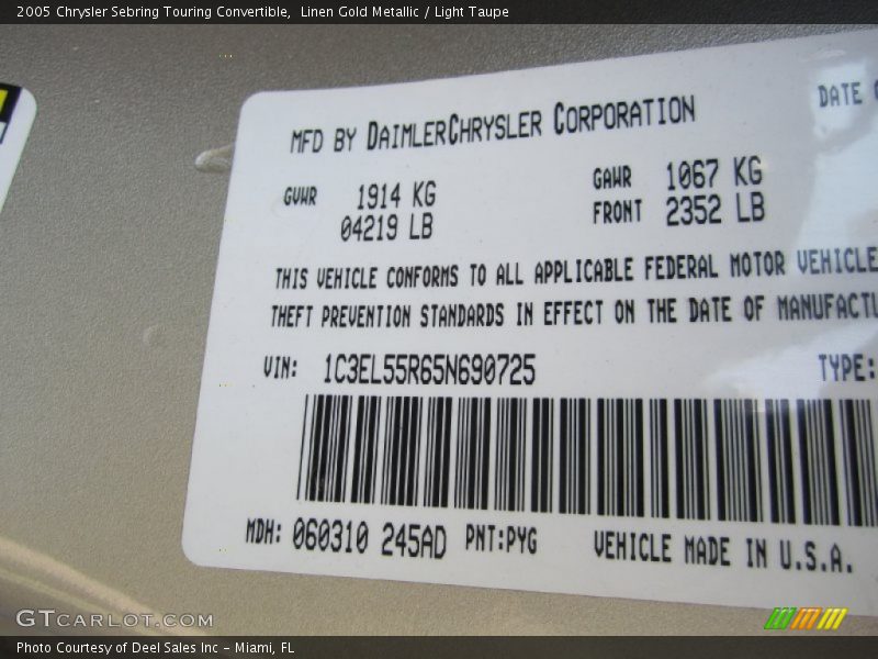 Linen Gold Metallic / Light Taupe 2005 Chrysler Sebring Touring Convertible