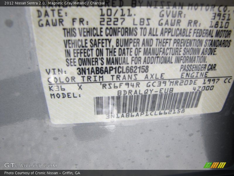 2012 Sentra 2.0 Magnetic Gray Metallic Color Code K36