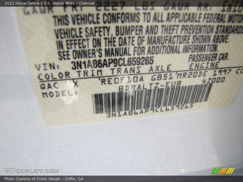 Aspen White / Charcoal 2012 Nissan Sentra 2.0 S