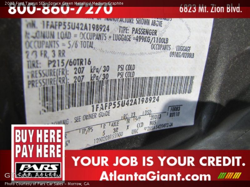 Spruce Green Metallic / Medium Graphite 2002 Ford Taurus SES