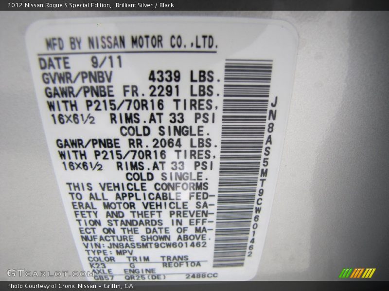 Brilliant Silver / Black 2012 Nissan Rogue S Special Edition