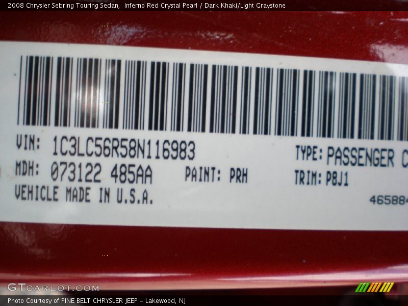 2008 Sebring Touring Sedan Inferno Red Crystal Pearl Color Code PRH