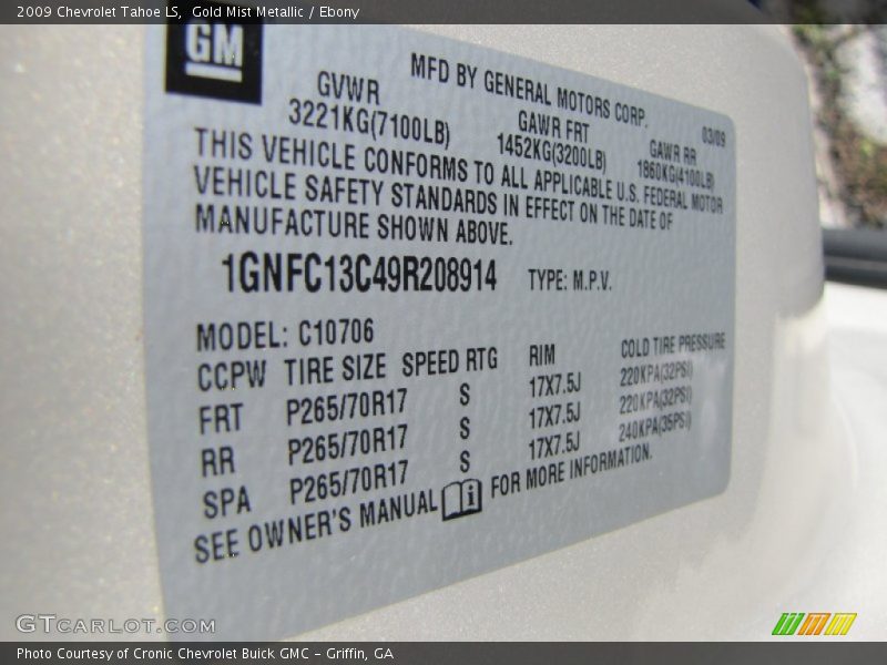Info Tag of 2009 Tahoe LS