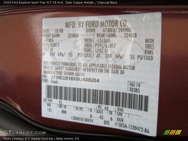 2009 Explorer Sport Trac XLT V8 4x4 Dark Copper Metallic Color Code T5