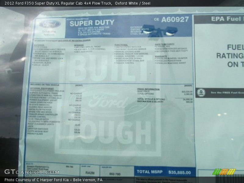  2012 F350 Super Duty XL Regular Cab 4x4 Plow Truck Window Sticker