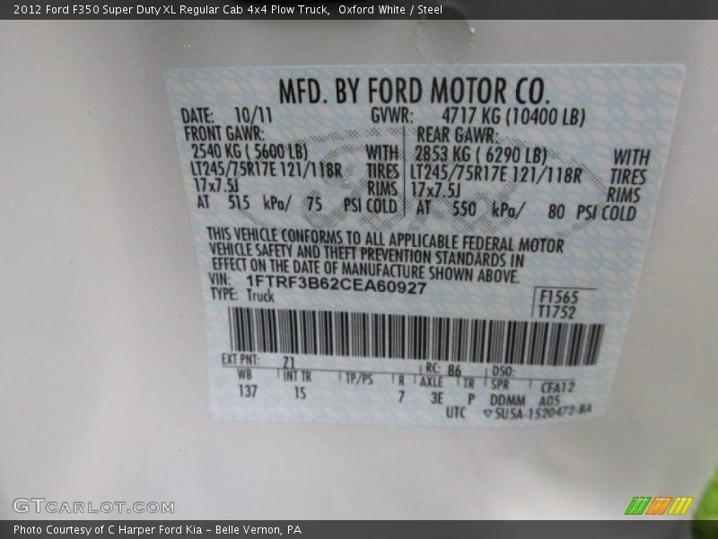 2012 F350 Super Duty XL Regular Cab 4x4 Plow Truck Oxford White Color Code Z1