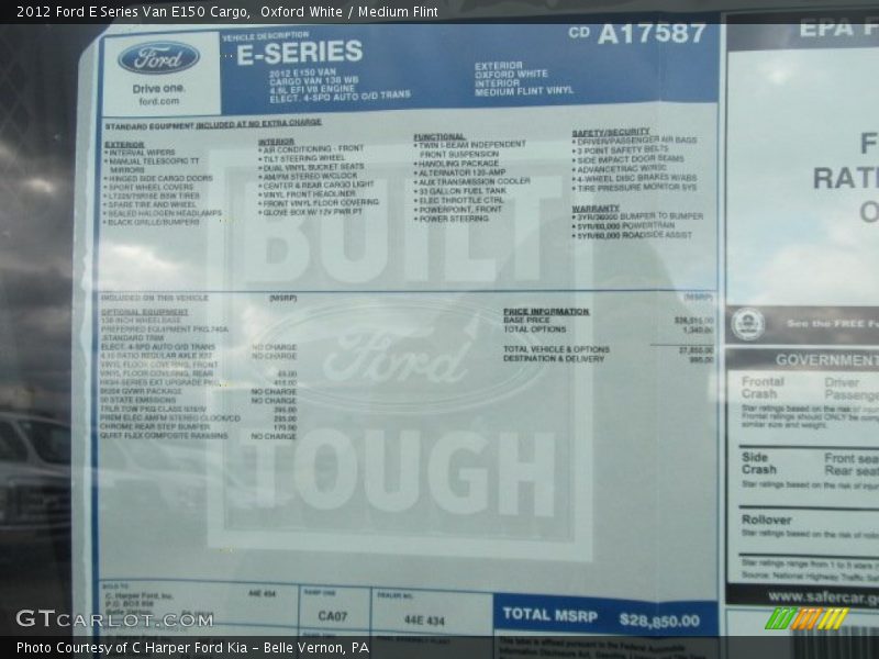  2012 E Series Van E150 Cargo Window Sticker