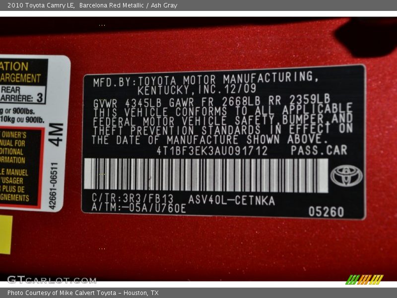 Barcelona Red Metallic / Ash Gray 2010 Toyota Camry LE