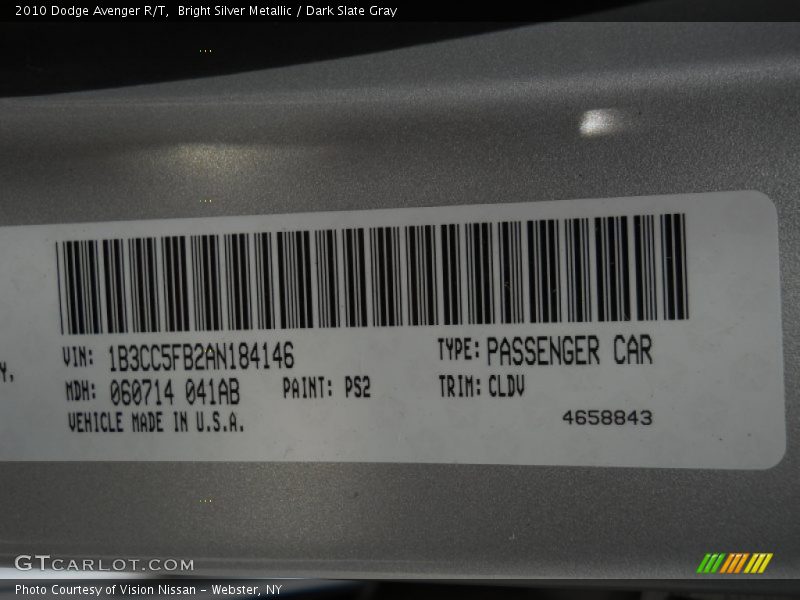 Bright Silver Metallic / Dark Slate Gray 2010 Dodge Avenger R/T