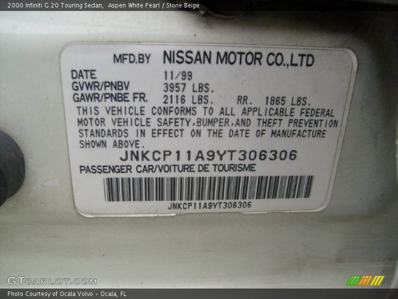 Aspen White Pearl / Stone Beige 2000 Infiniti G 20 Touring Sedan