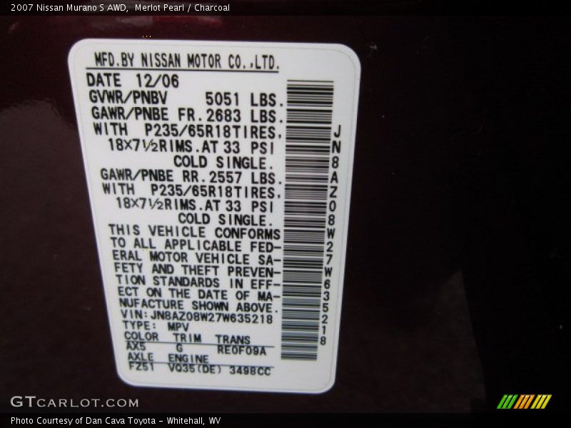 Merlot Pearl / Charcoal 2007 Nissan Murano S AWD