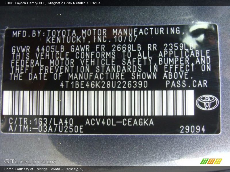 2008 Camry XLE Magnetic Gray Metallic Color Code 1G3