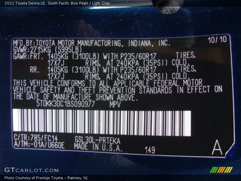 South Pacific Blue Pearl / Light Gray 2011 Toyota Sienna LE