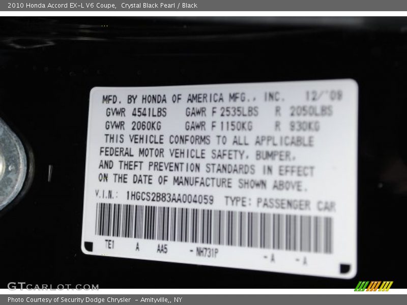 Crystal Black Pearl / Black 2010 Honda Accord EX-L V6 Coupe