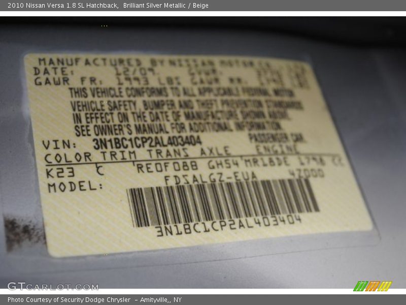 Brilliant Silver Metallic / Beige 2010 Nissan Versa 1.8 SL Hatchback