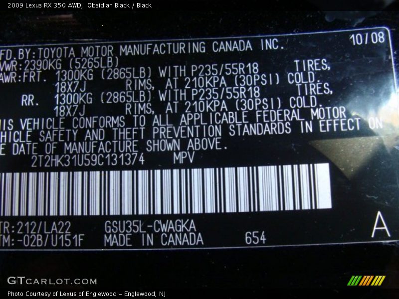 Obsidian Black / Black 2009 Lexus RX 350 AWD