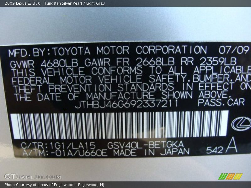 Tungsten Silver Pearl / Light Gray 2009 Lexus ES 350