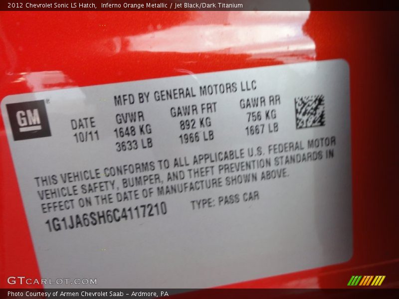 Info Tag of 2012 Sonic LS Hatch