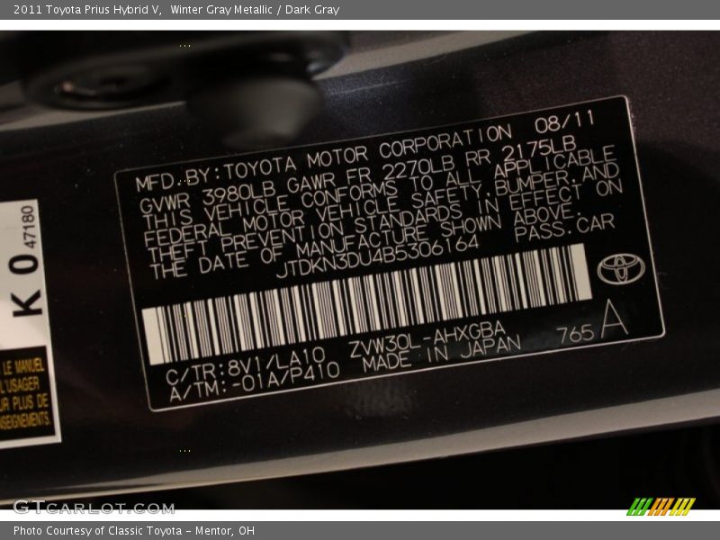 Winter Gray Metallic / Dark Gray 2011 Toyota Prius Hybrid V