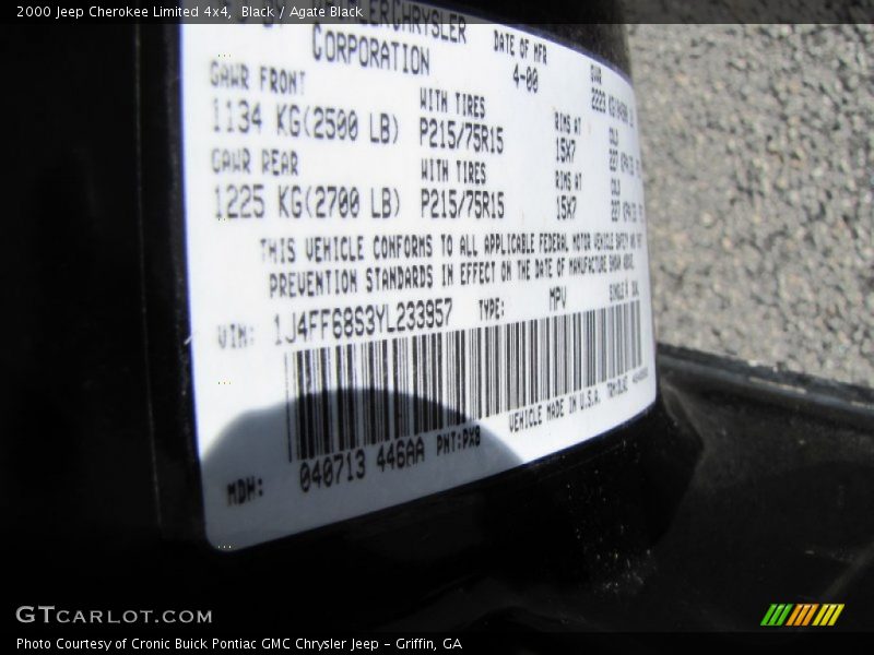 Black / Agate Black 2000 Jeep Cherokee Limited 4x4
