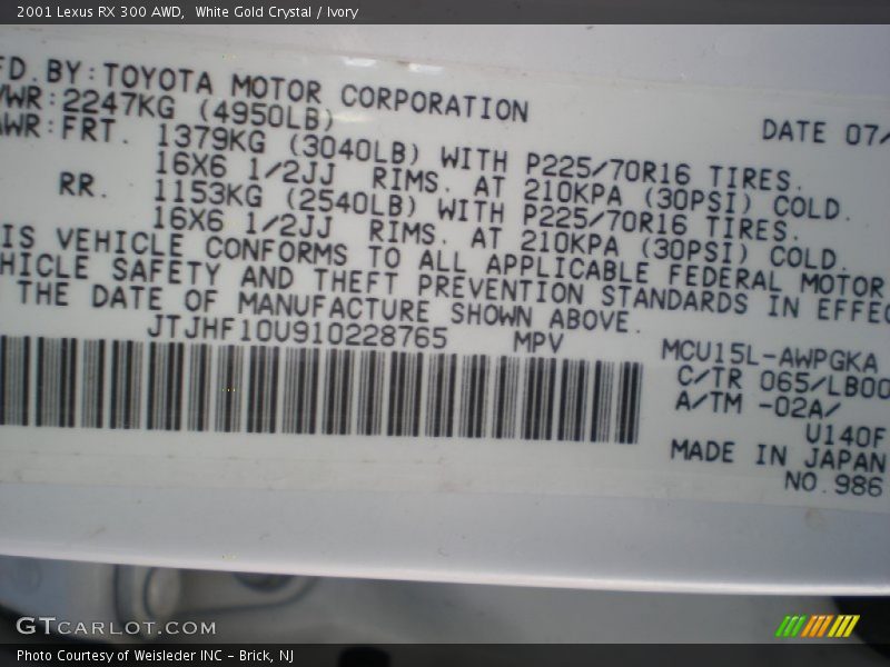 White Gold Crystal / Ivory 2001 Lexus RX 300 AWD