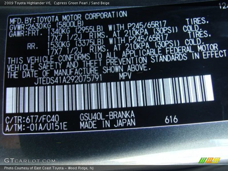2009 Highlander V6 Cypress Green Pearl Color Code 6T7