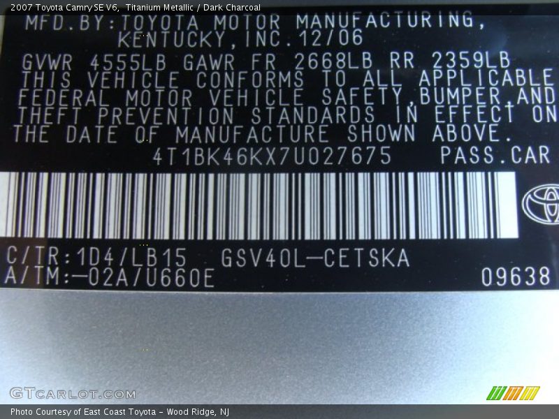Titanium Metallic / Dark Charcoal 2007 Toyota Camry SE V6